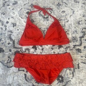 Perry Ellis Red Bikini Set Floral Lace Trim Halter Top & Bottoms Size M